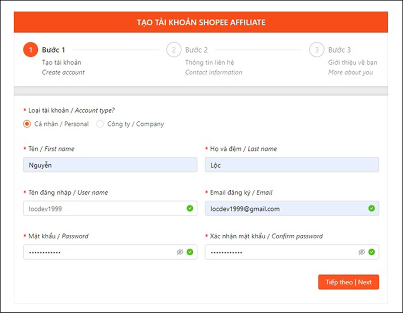 Nhập thông tin để tạo tài khoản affiliate marketing trên shopee