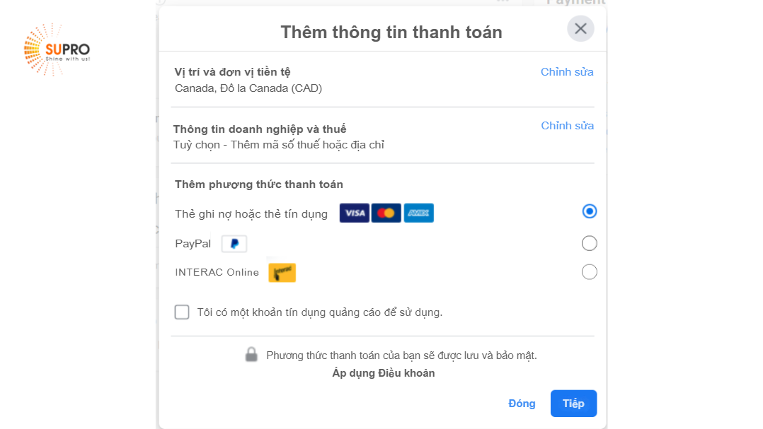 Thiết lập phương thức thanh toán trong BM Facebook để chạy quảng cáo
